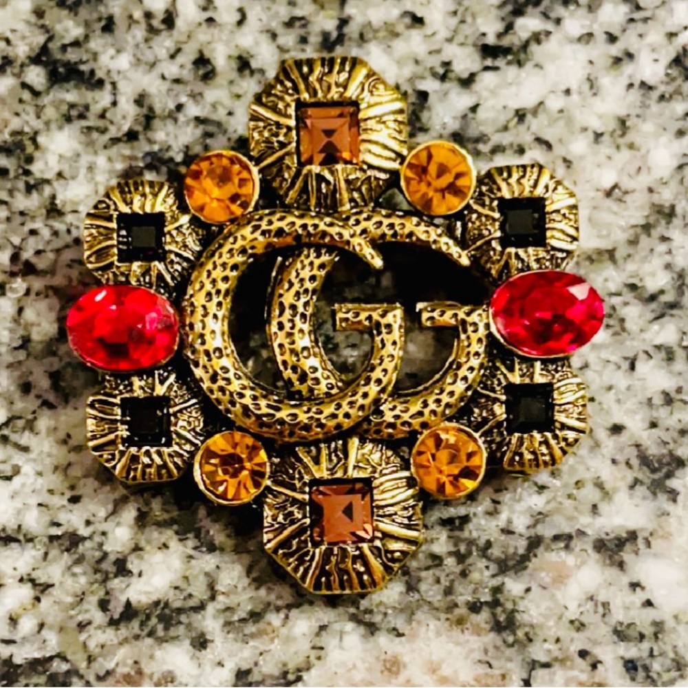 Stunning Gucci GG Gold and Red Brooch